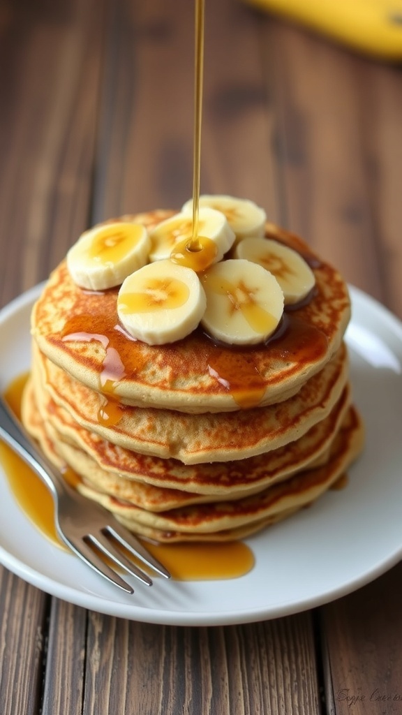 Easy Banana Oat Pancakes Recipe Fluffy banana oat pancakes stacked with banana slices and maple syrup on a rustic table.